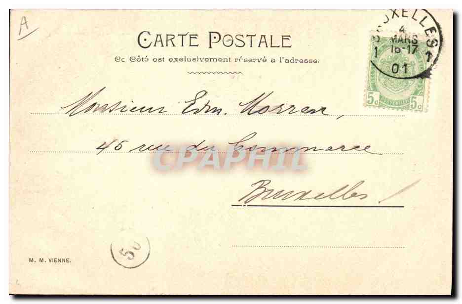 Mujer al lado de un busto — escena de jardín — editorial M. M. Vienne, n° 50 — Reverso