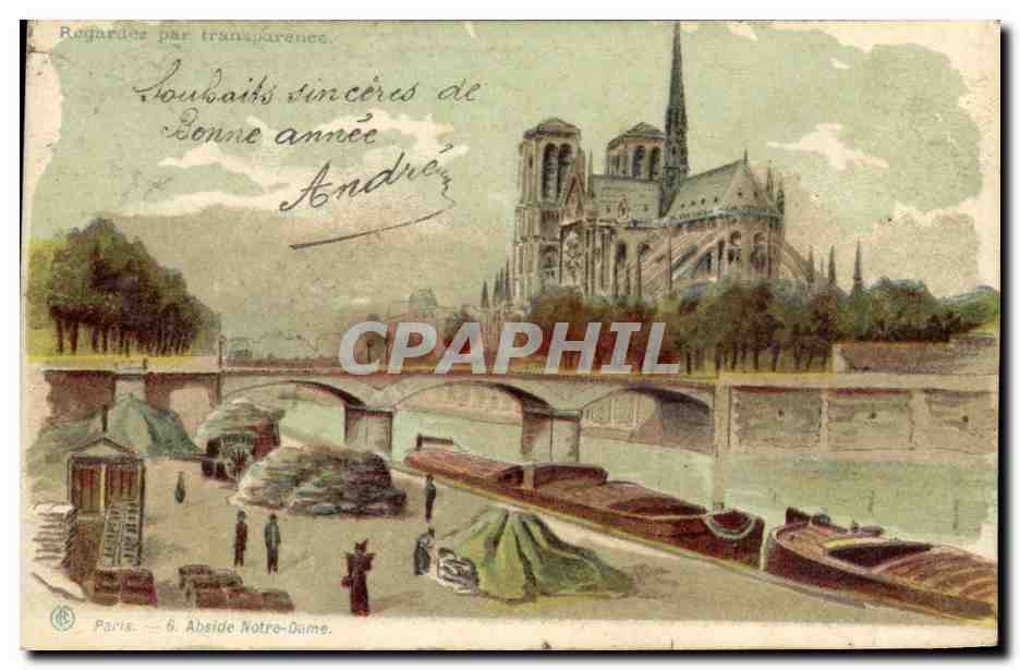 CPA Carte transparente Paris Abside Notre Dame Peniches Bateaux 