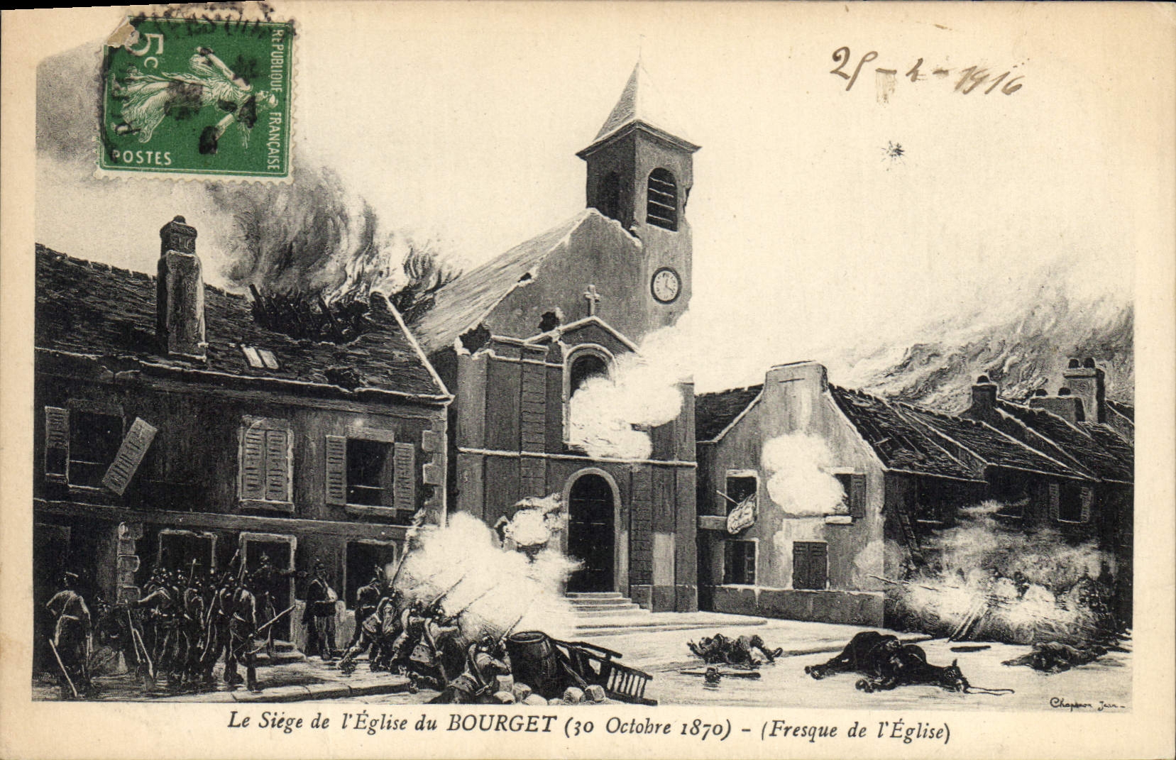 Le Siège de l'Église du BOURGET — 30 Octobre 1870 — Fresque de l'Église — Chappeau Jean