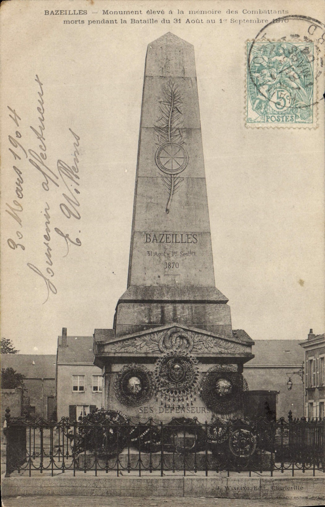 Bazeilles — Monument élevé à la mémoire des combattants morts pendant la bataille du 31 août au 1er septembre 1870 — Wisting, éditeur Charlesville