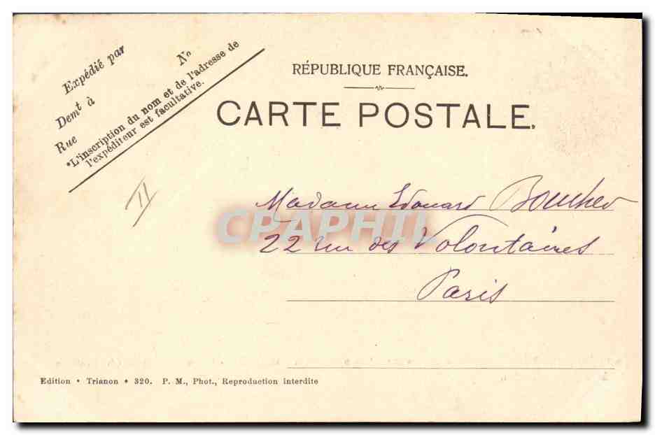Château de Meudon — Ancienne Résidence impériale et royale incendiée pendant la guerre de 1870-71, actuellement Observatoire — Édition Trianon, n° 320 — Verso