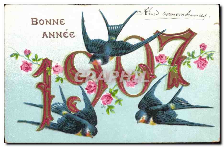 Bonne Année 1907 — oiseaux et roses — série 30.25