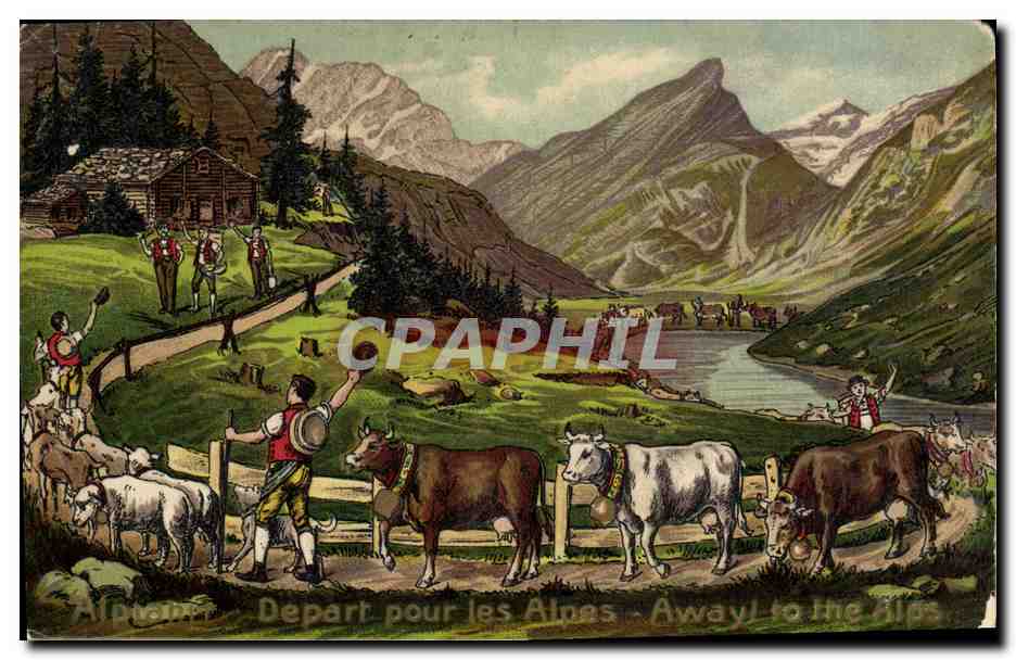 CPA Fantaisie Depart pour les Alpes Vaches 