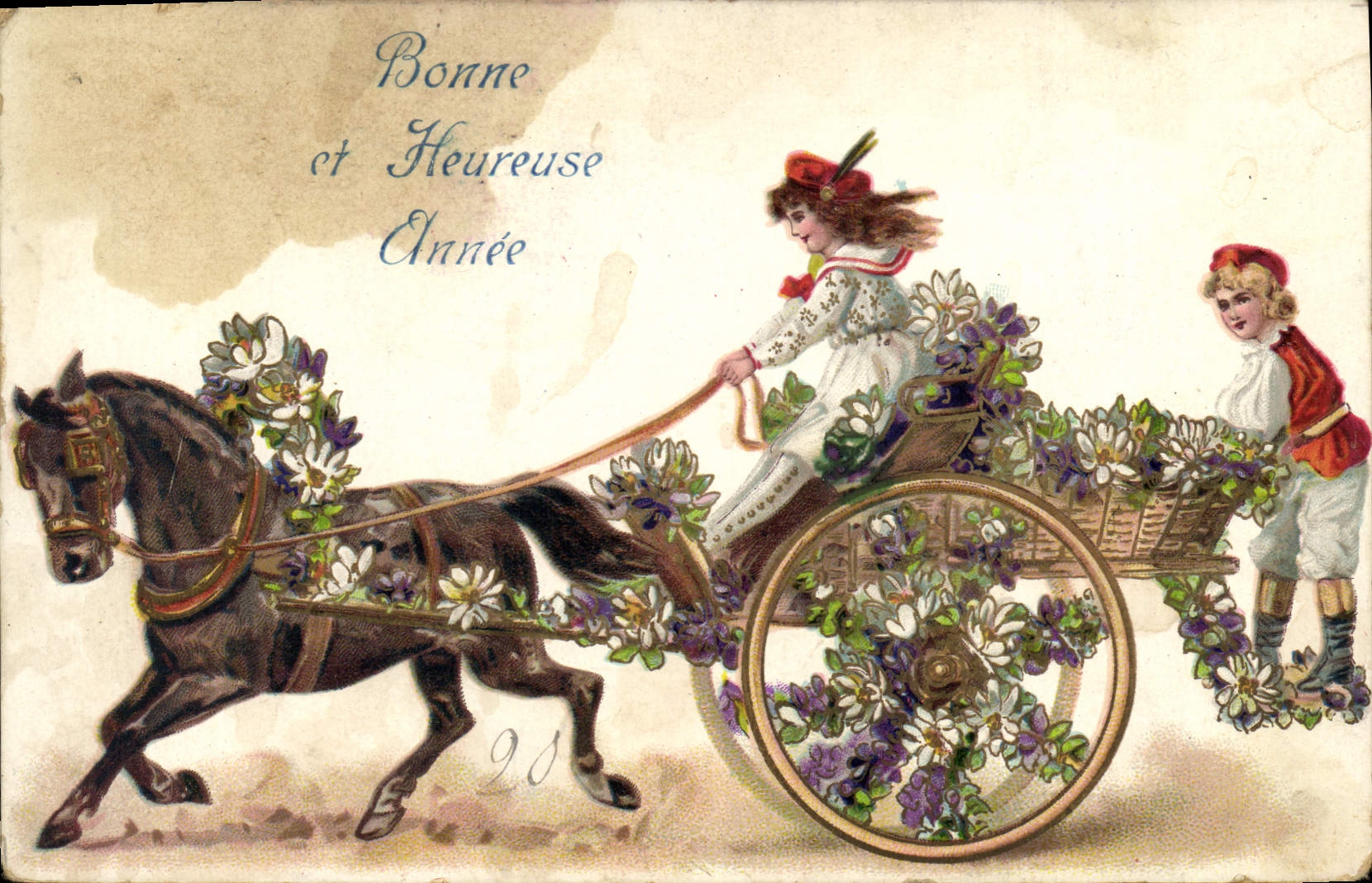 CPA Fantaisie Fleurs Enfants Caleche Cheval