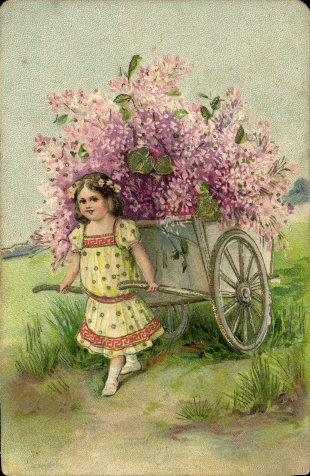 Fille avec charrette de lilas — illustration colorée — éditeur non visible