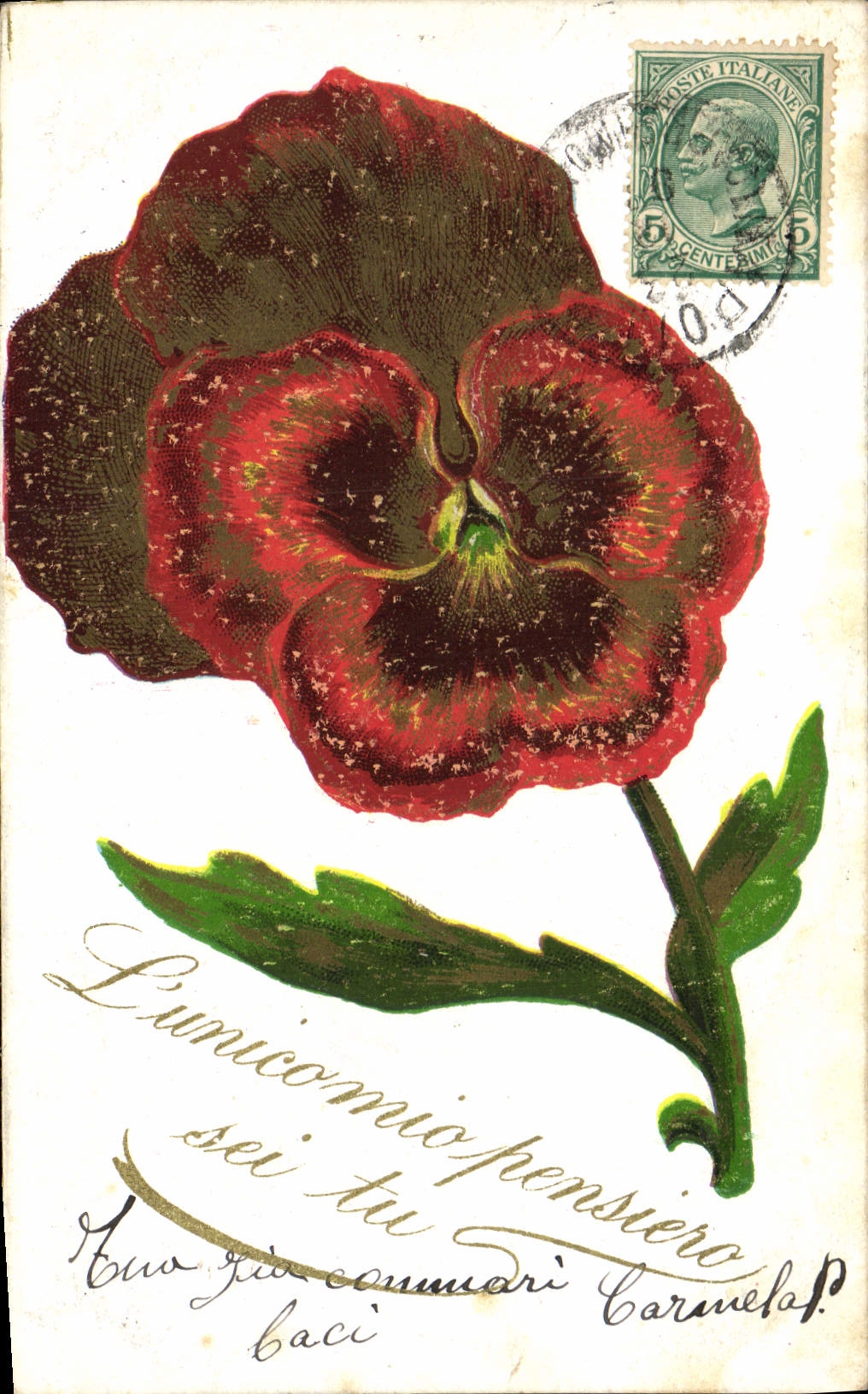 Papillon rouge — carte postale italienne avec timbre de 5 centesimi — éditeur inconnu