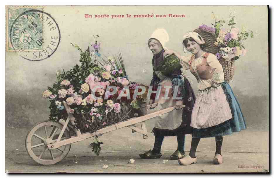 CPA Brouette En route pour le marche aux fleurs Femmes
