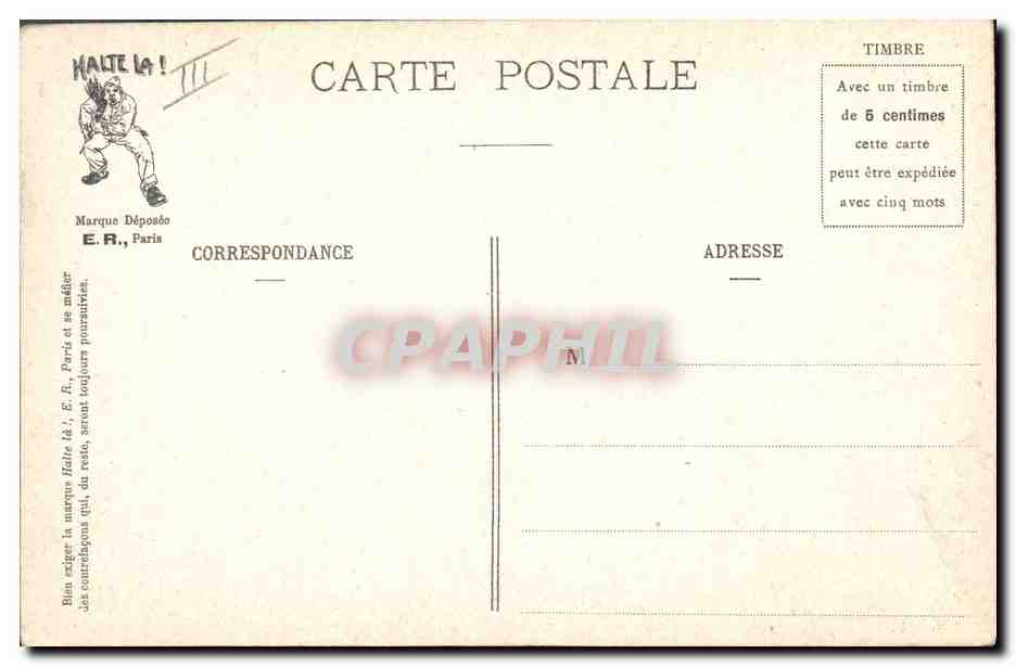 Caporal sonnant la corne — Nos sonneries aux consignés ! — E. R., Paris, Modèle n° 894 — Verso