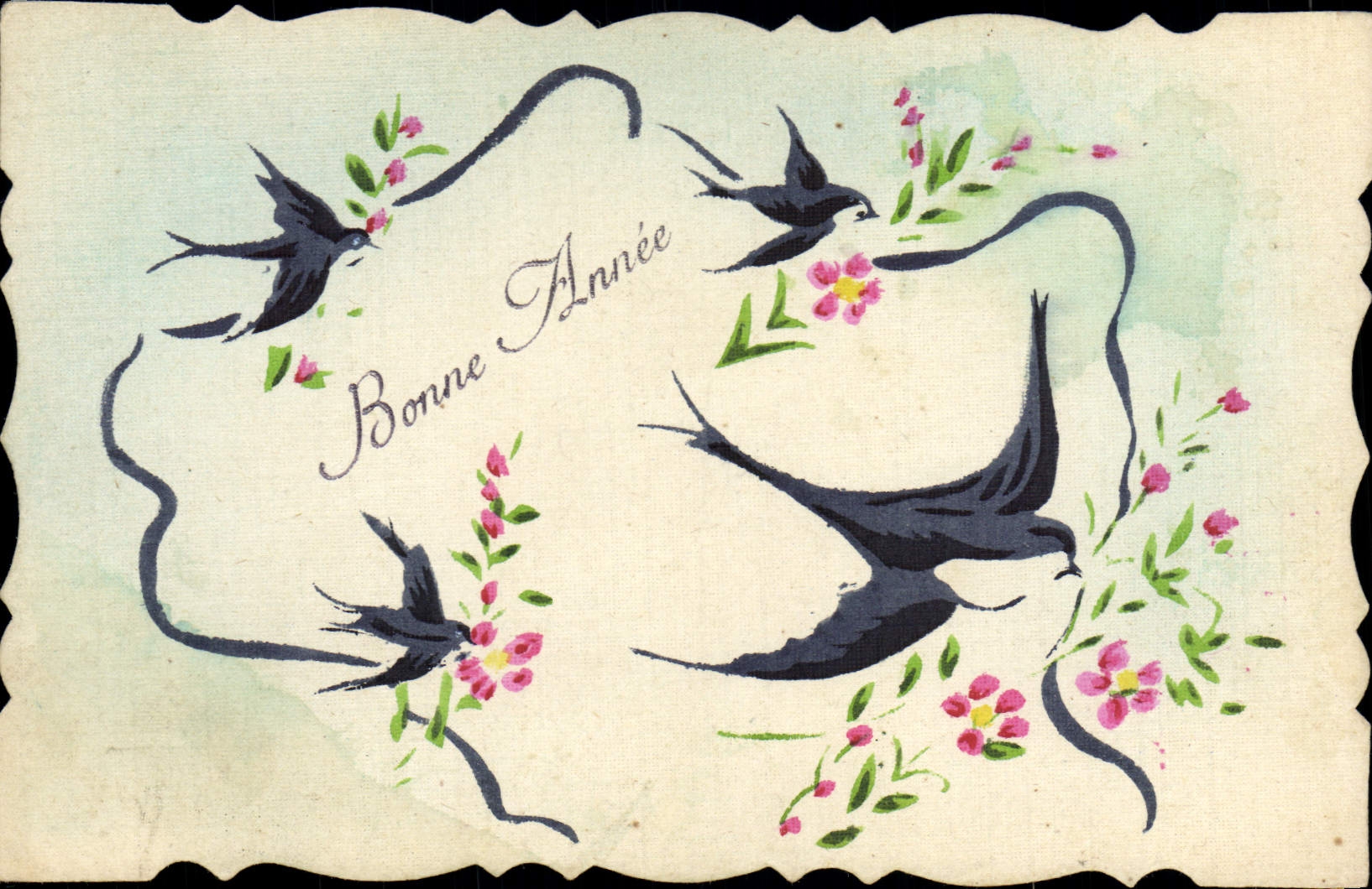 Oiseaux et fleurs — Bonne Année — Marque E.M. Déposée