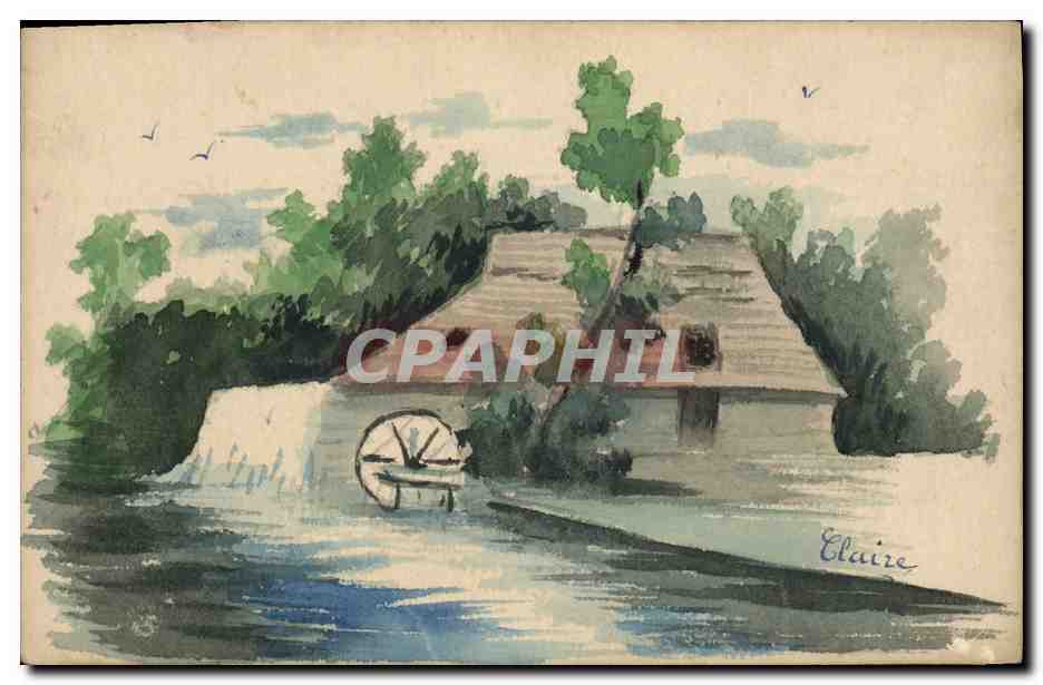 Paysage avec moulin à eau — dessin à l'aquarelle — signé Claire
