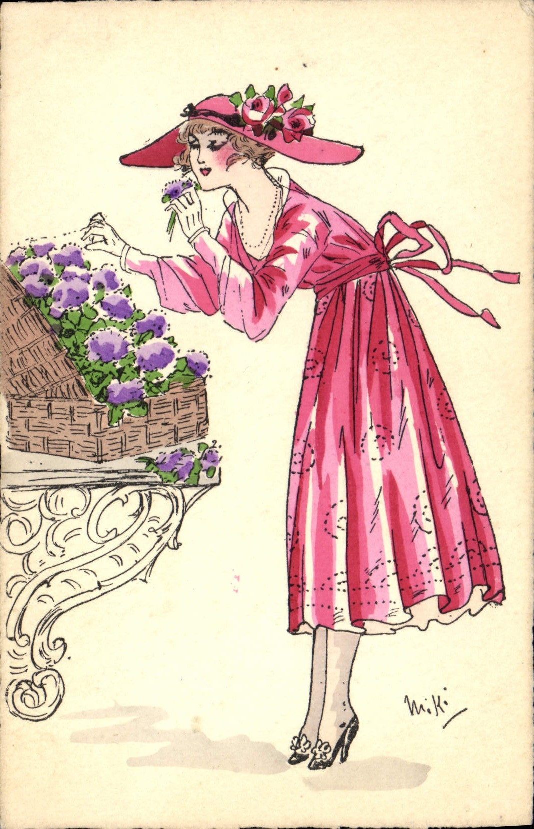 Femme en robe rose parmi des fleurs violettes — dessin signé 'Mi.Ki' — Imp. G. Saviesy, Paris