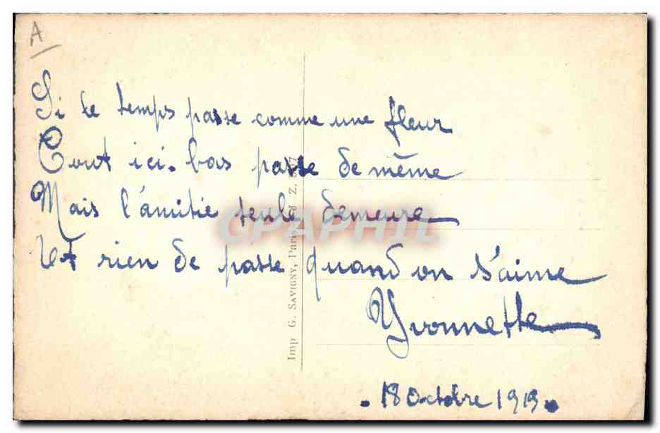 Femme en robe rose parmi des fleurs violettes — dessin signé 'Mi.Ki' — Imp. G. Saviesy, Paris — Verso