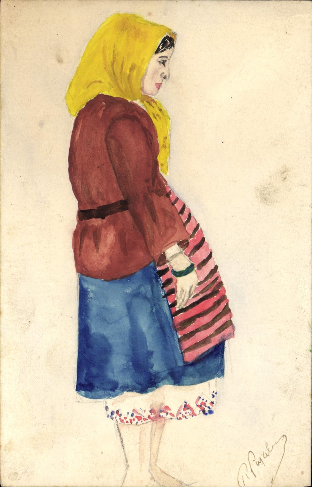 Femme en costume traditionnel — peinture à l'aquarelle — A. Porubly — n° II