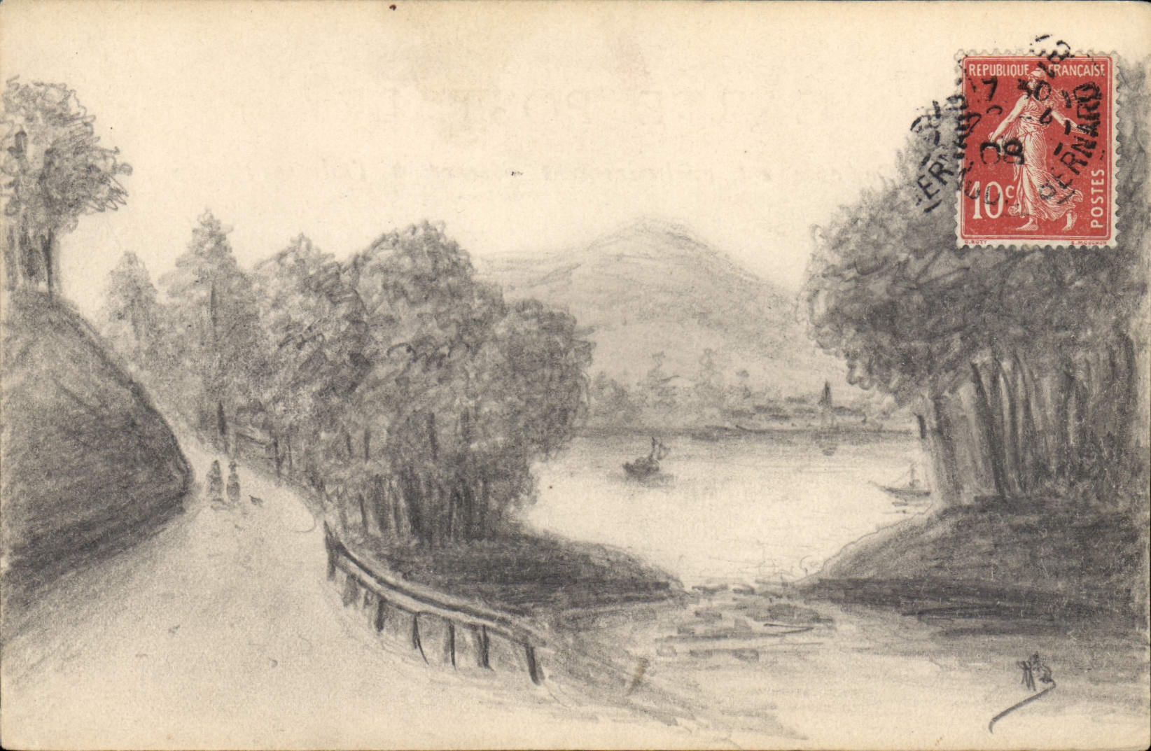 Vue de lac et chemin bordé d'arbres — dessin au crayon — éditeur inconnu