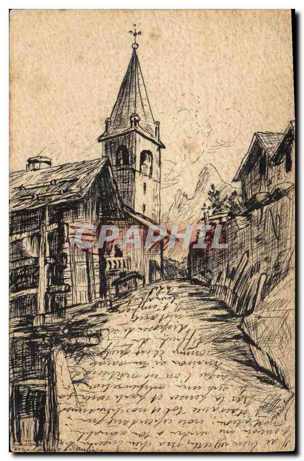Église et village alpin — dessin à l'encre — éditeur inconnu