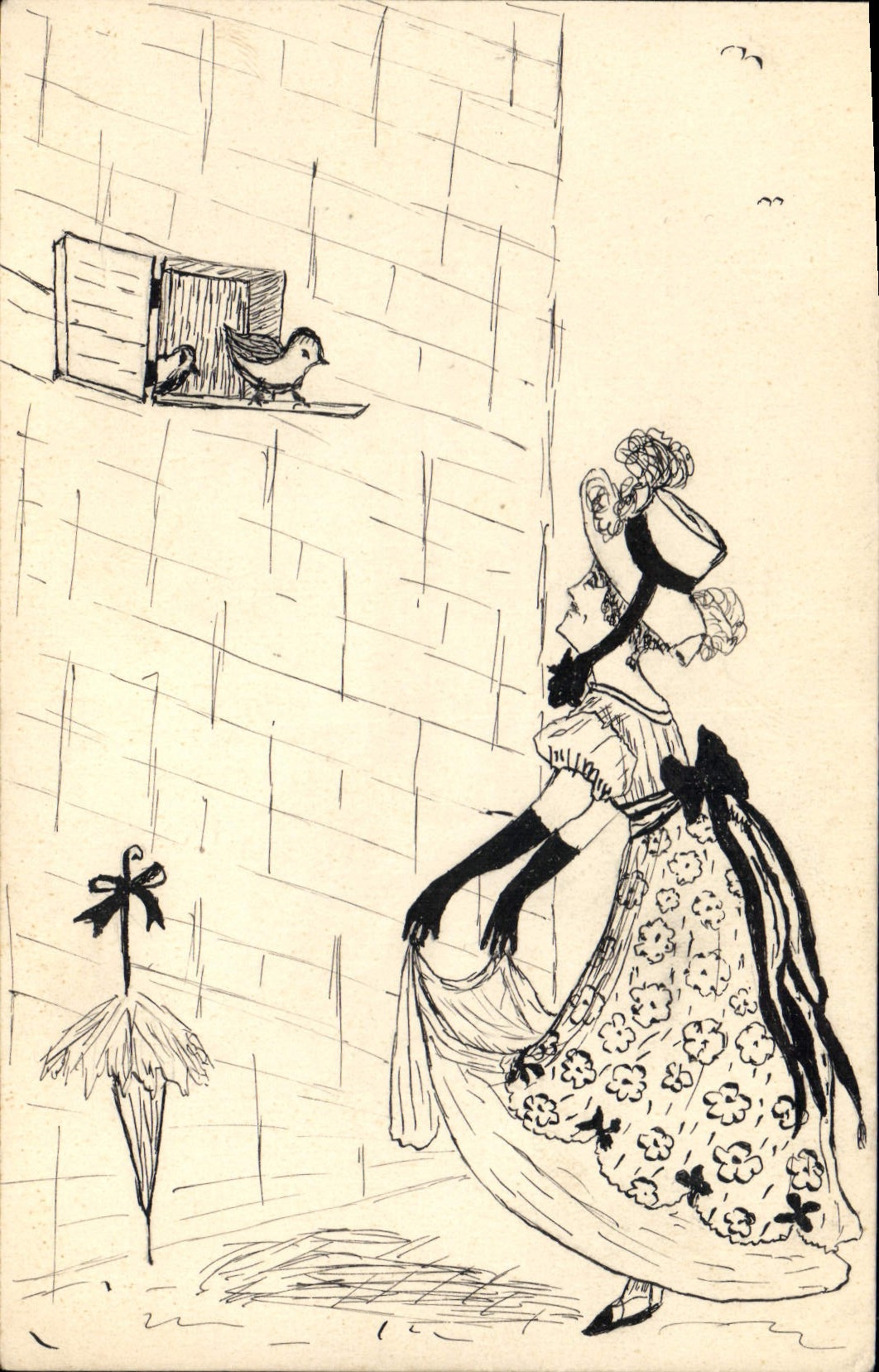 Femme en robe fleurie regardant des oiseaux — illustration — CPAPHIL