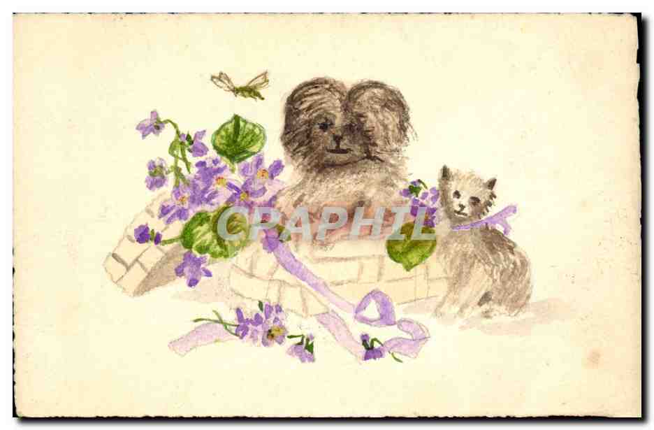 CPA Fantaisie Fleurs Chiens Chien (dessin a la main) 