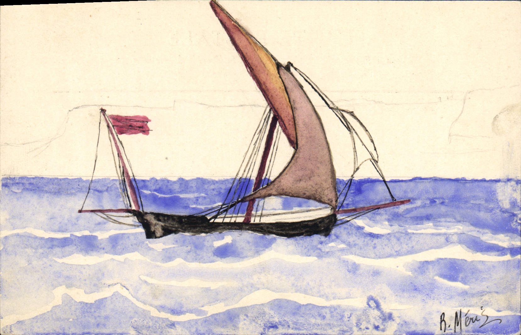 Bateau à voile — dessin à l'aquarelle — R. Mérez