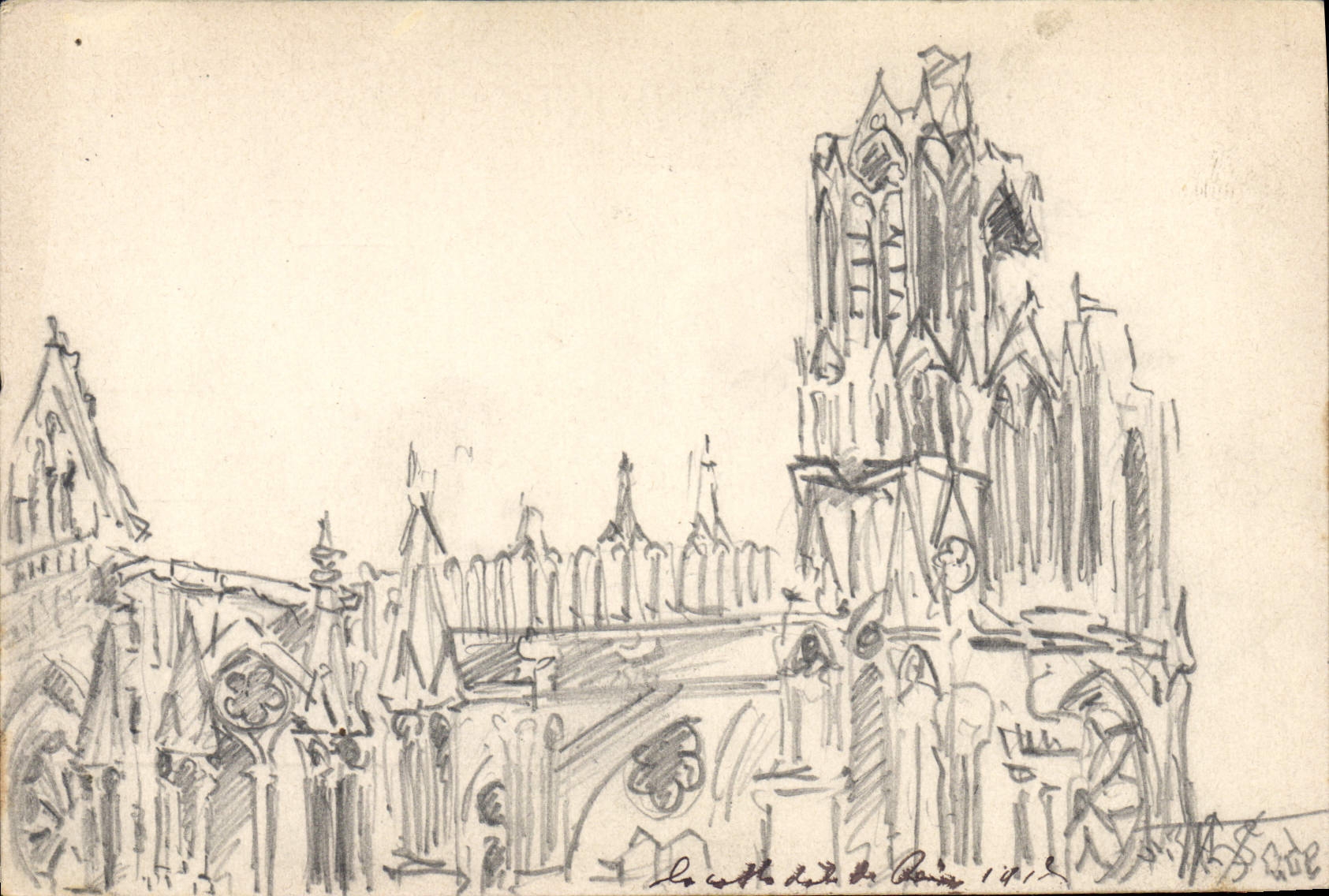 Vue de la cathédrale de Paris — dessin à l'encre — éditeur non identifié