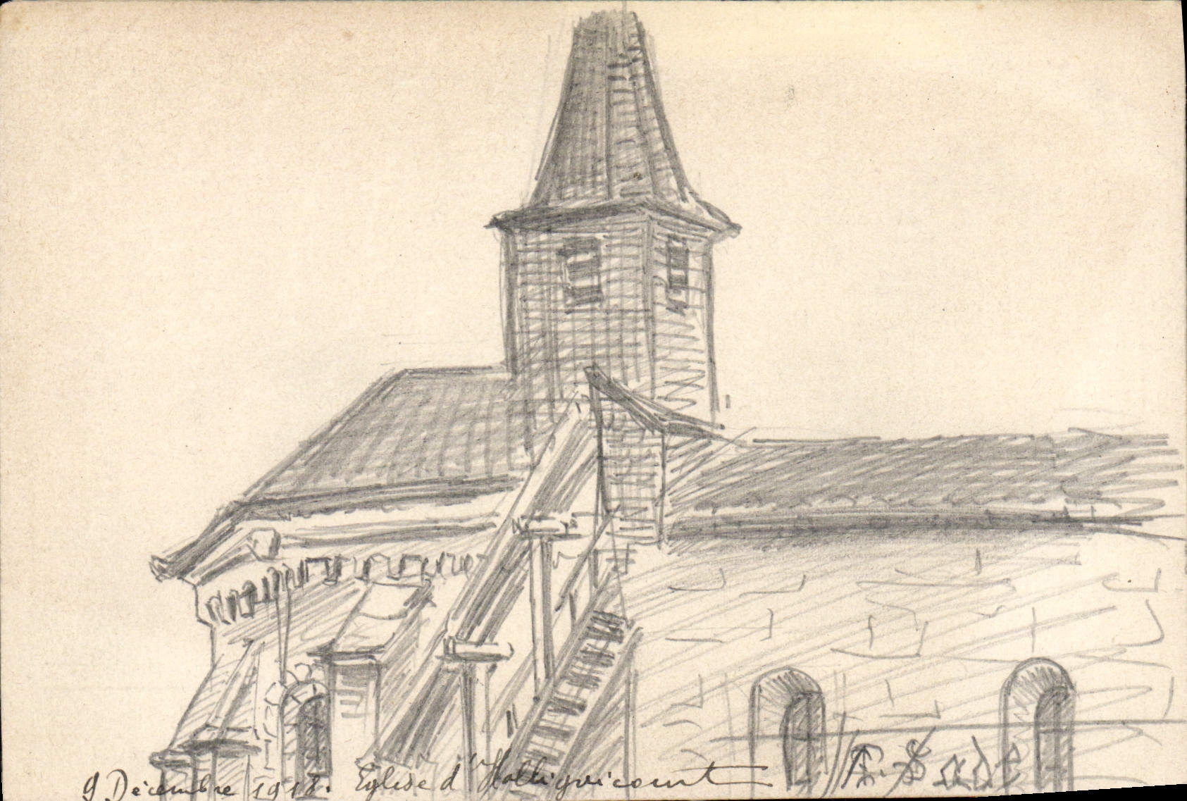 Église d'Hallay-sur-Court — croquis — daté 9 décembre 1912
