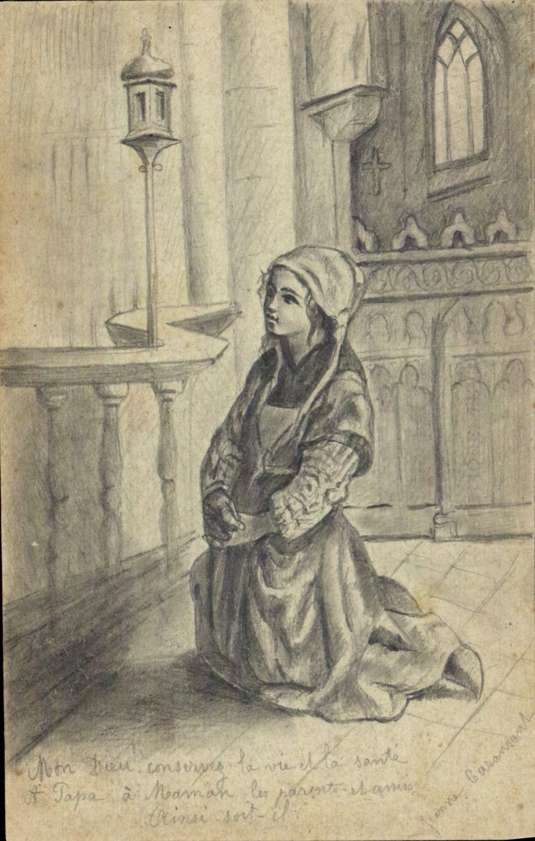 Jeune femme en prière dans une église — dessin à l'encre — éditeur non visible