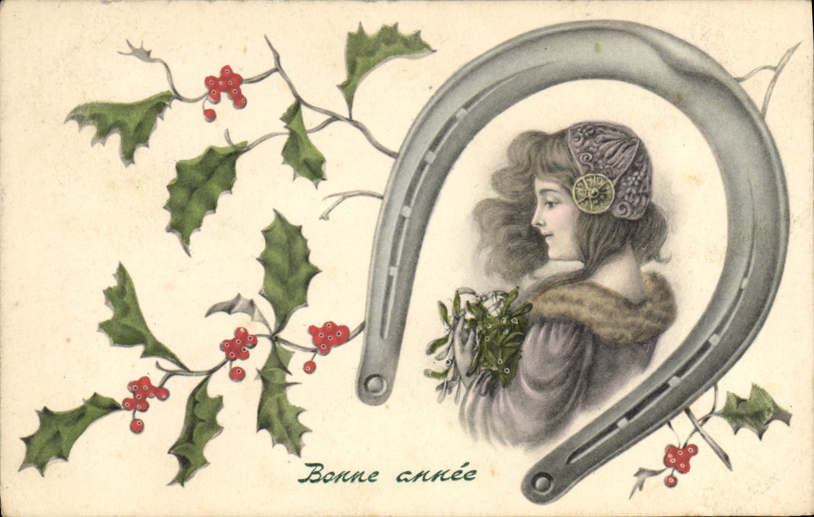 Femme dans un fer à cheval — houx et gui — éditeur V.K. VIENNE n°5012