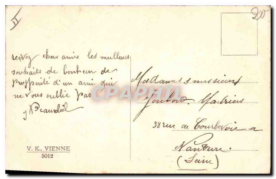 Femme dans un fer à cheval — houx et gui — éditeur V.K. VIENNE n°5012 — Verso