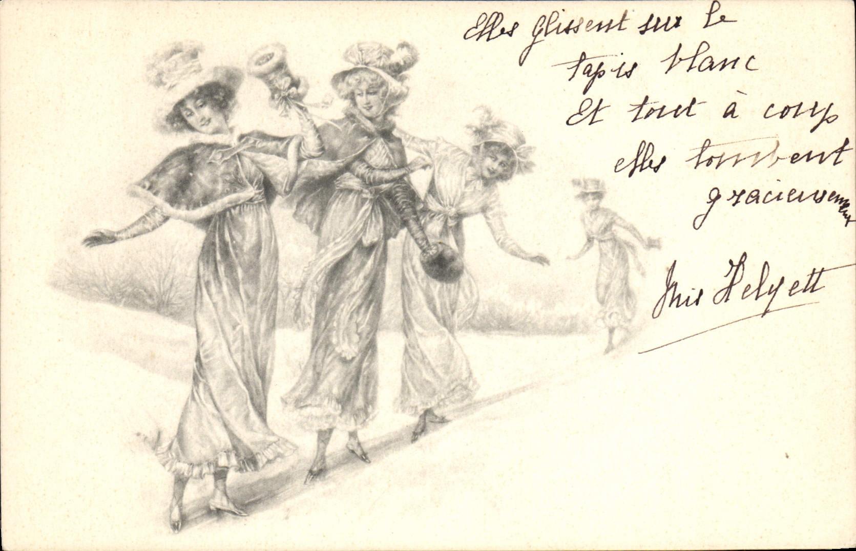 Femmes glissant sur le tapis blanc — illustration — M. M. Vienne, n° III