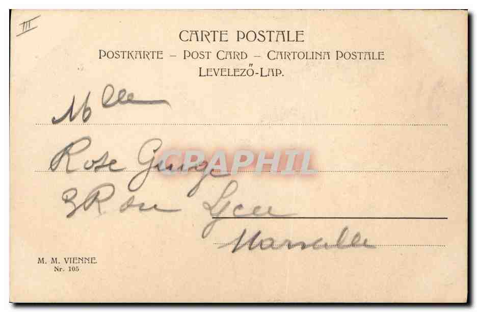Femme en robe jaune — buvant du champagne — éditeur M.M. Vienne, n° 105 — Verso