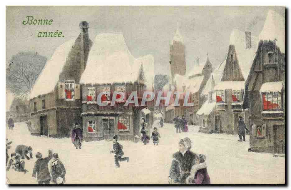 Besneeuwd dorp — Gelukkig nieuwjaar — V.K. Wenen
