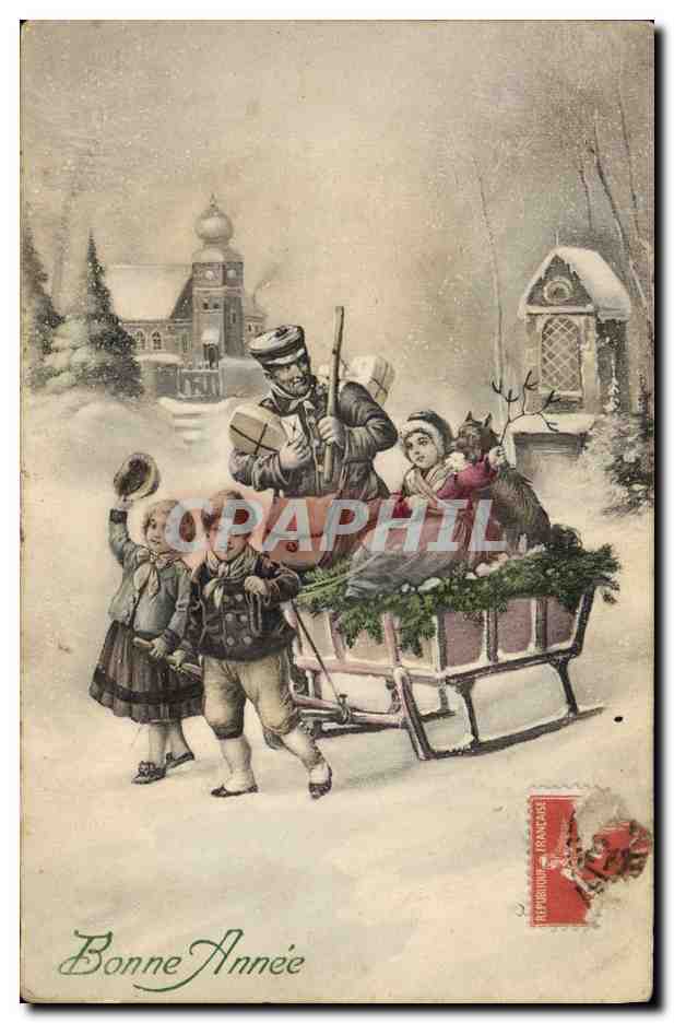 CPA Fantaisie Enfants Traineau Chien 