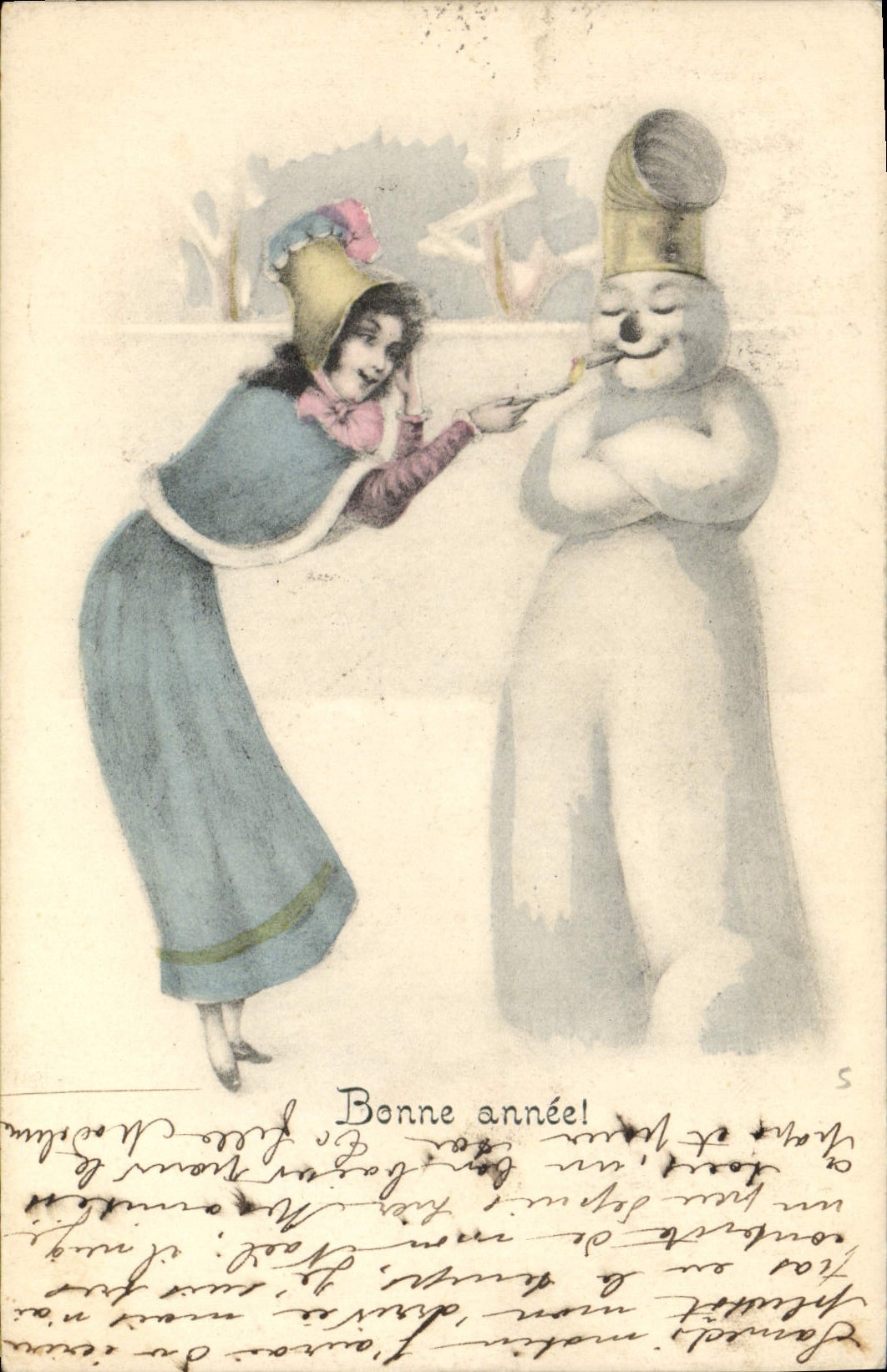 Femme en bonnet et bonhomme de neige — Bonne année — S. 4060