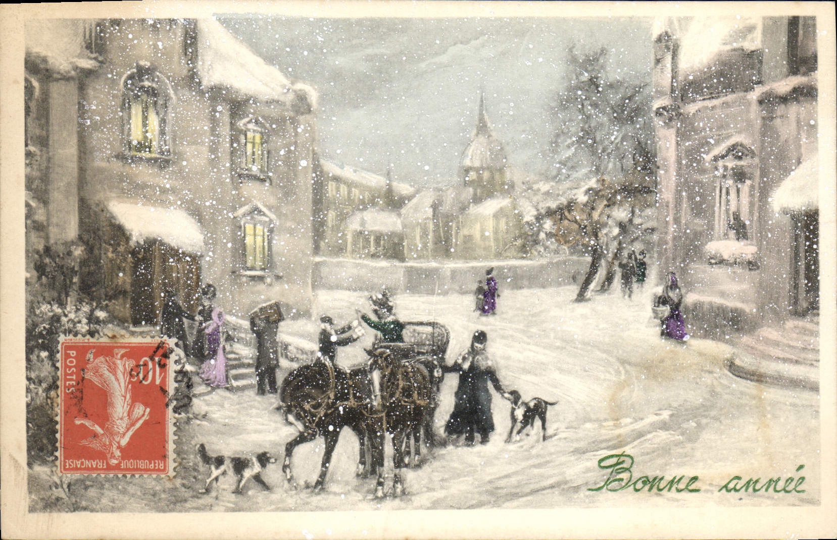 Schneeviertel — Winterlandschaft mit Kutsche und Hunden — Verlag V.K. VIENNE, Nr. 5102