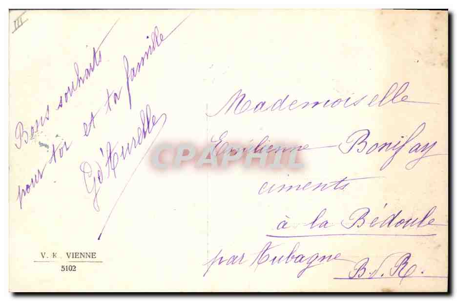 Schneeviertel — Winterlandschaft mit Kutsche und Hunden — Verlag V.K. VIENNE, Nr. 5102 — Rückseite