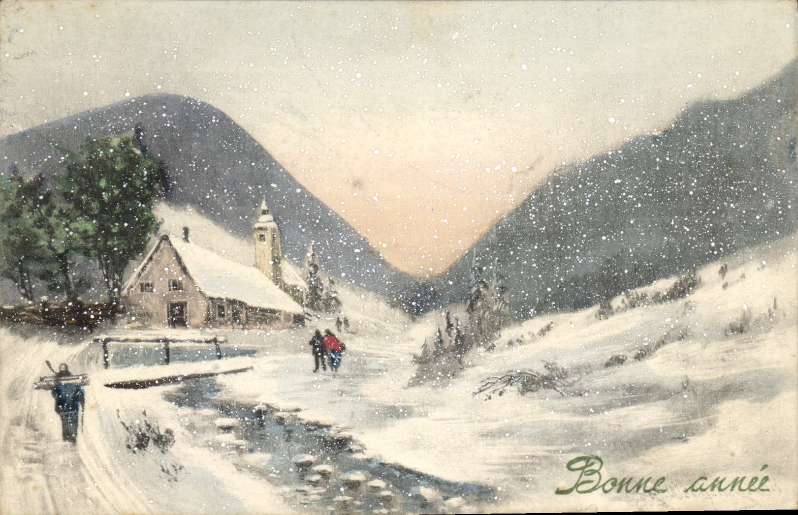 Paisaje invernal — montañas, pueblo, nieve — editor desconocido, número de serie no visible