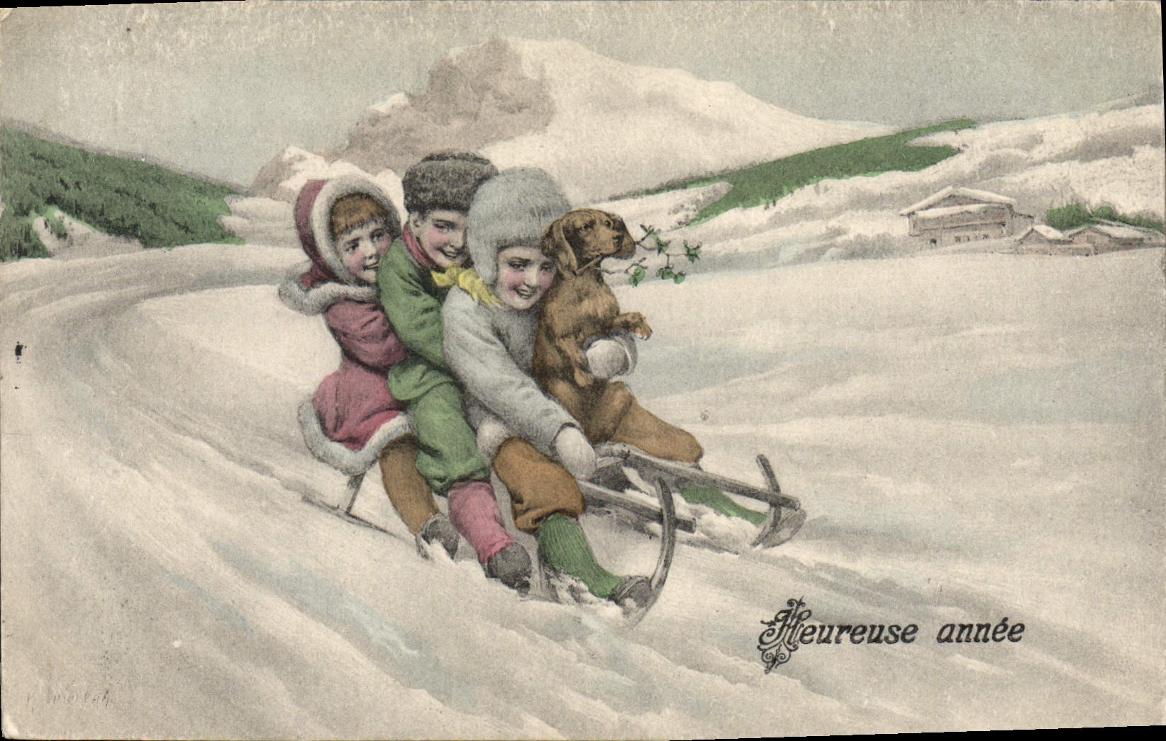 CPA Fantaisie Enfants Luge Chien