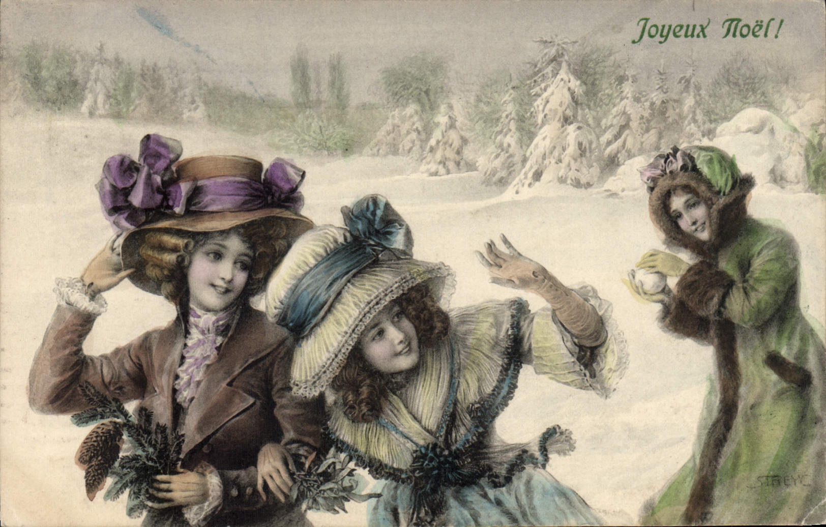 Trois jeunes filles en tenue d'hiver dans un paysage neigeux — STREYEC — N° 554