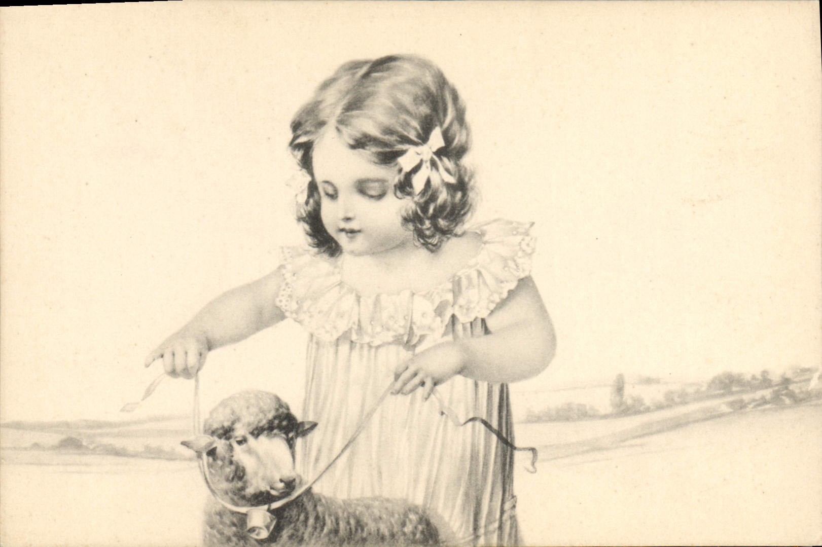 Petite fille avec mouton — scène pastorale — M. M. Vienne, n° 136