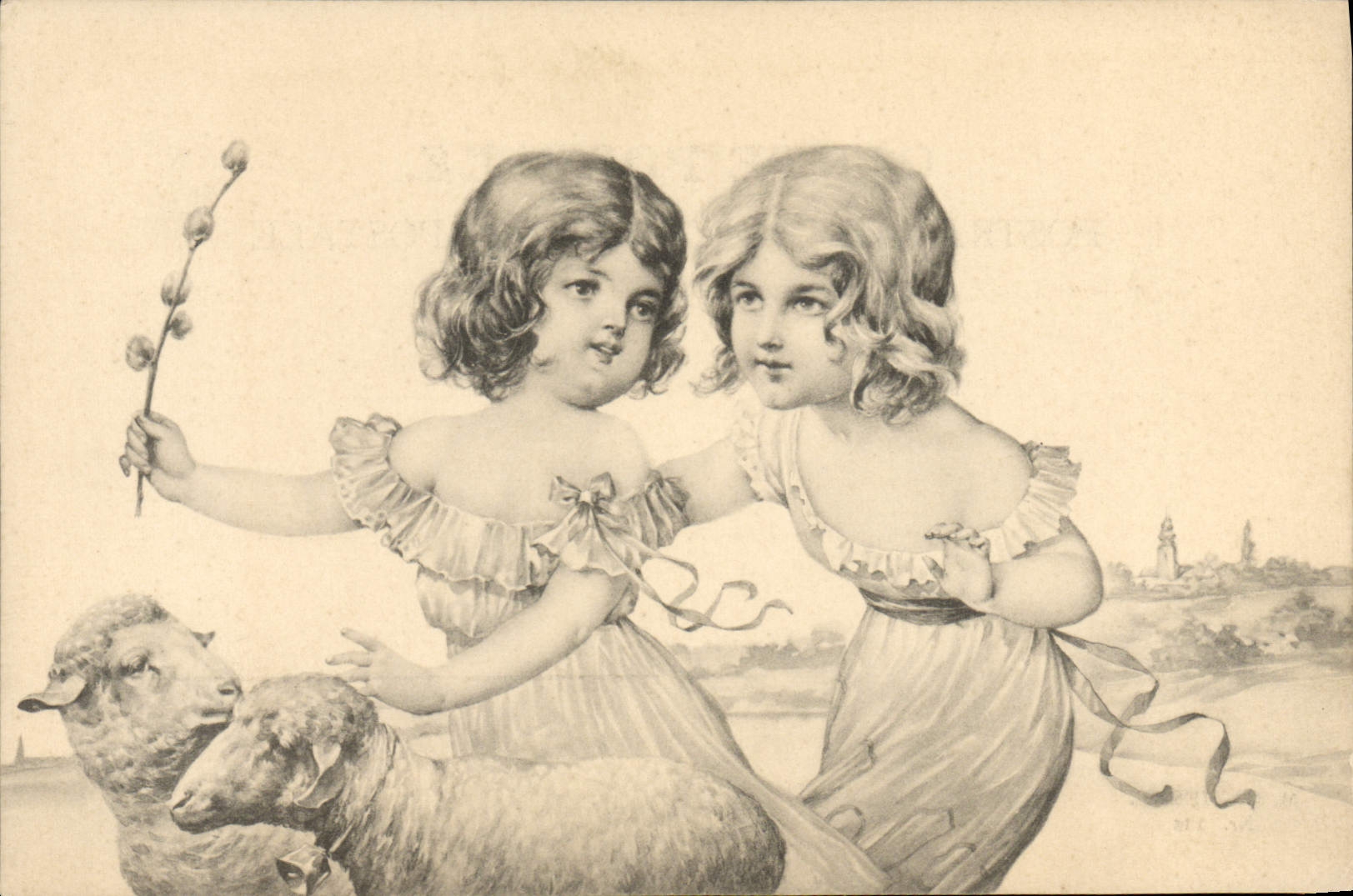 Deux fillettes avec des moutons — scène pastorale — M. M. Vienne, N° 136