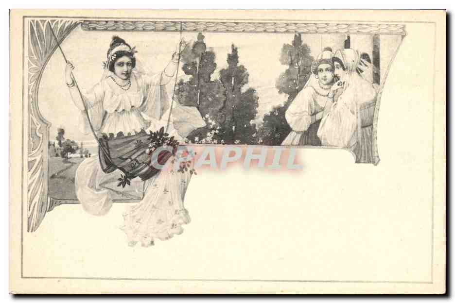 Femme sur balançoire — scène de jardin — M. M. Vienne