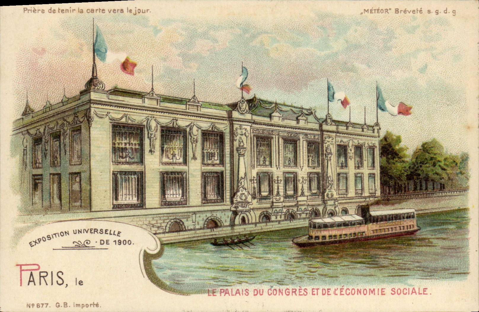 CPA Carte transparente Paris Exposition Universelle 1900 Le palais du Congres et de l'economiqe sociale Bateau Peniche