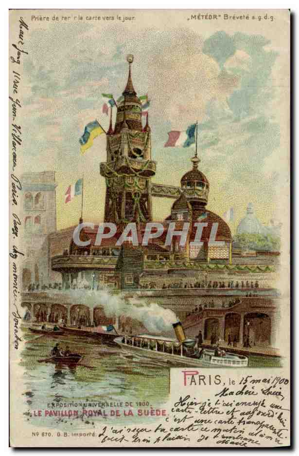 CPA Carte transparente Paris Exposition Universelle 1900 Le pavillon Royal de la Suede Bateau