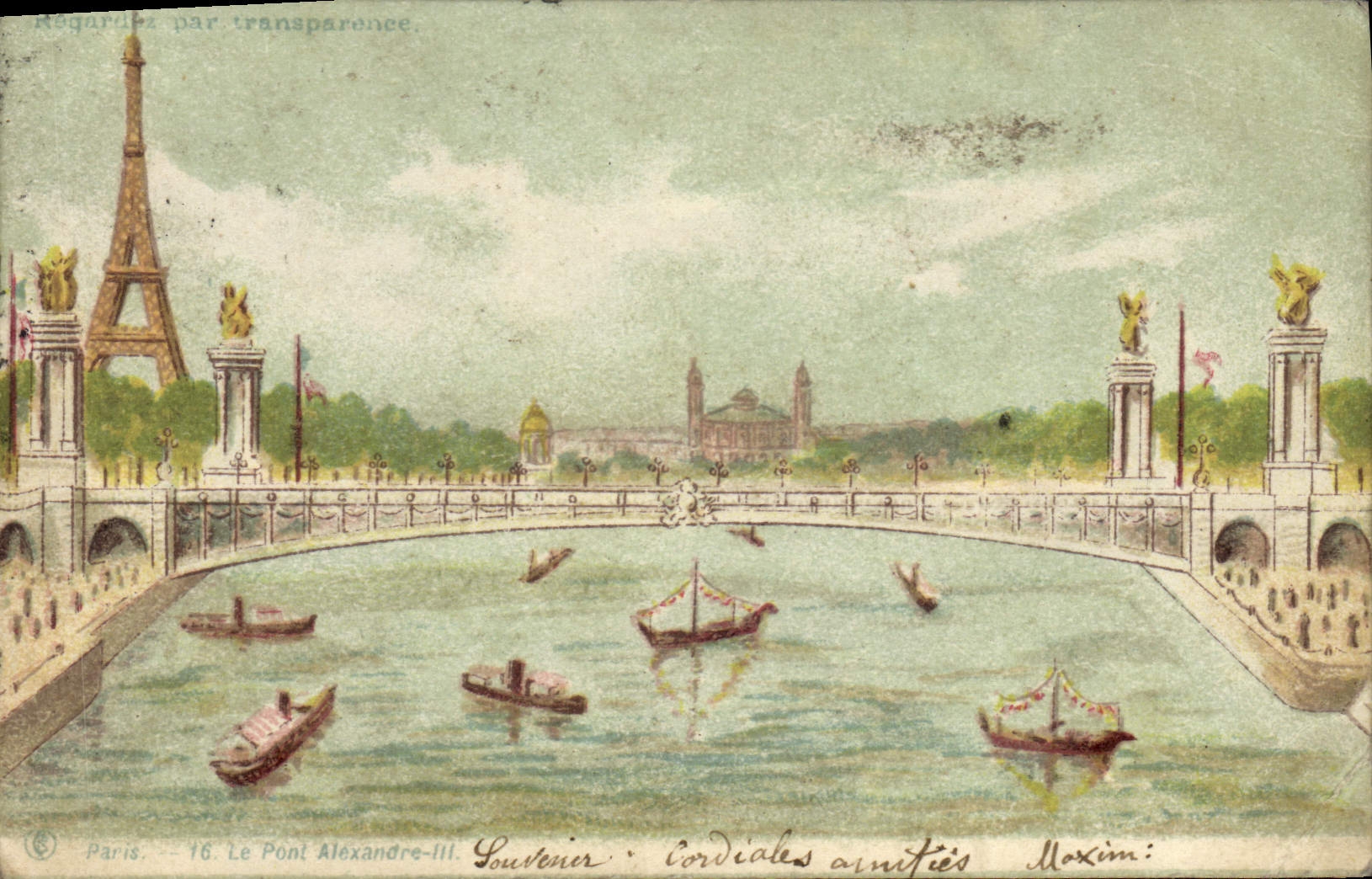 CPA Carte transparente Paris Exposition Universelle 1900 Le Pont Alexandre III Tour Eiffel