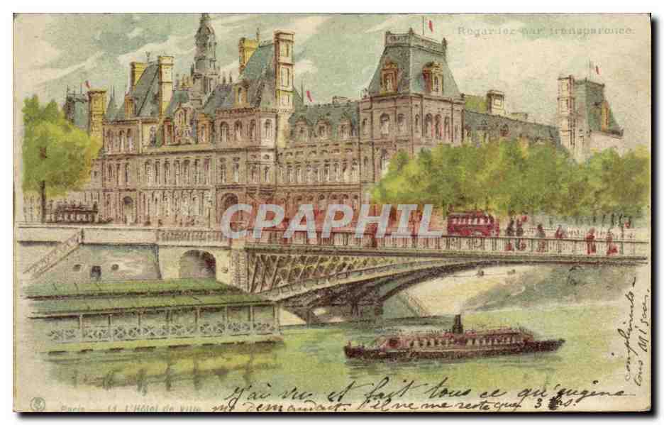 CPA Carte transparente Paris L'Hotel de ville Bateau