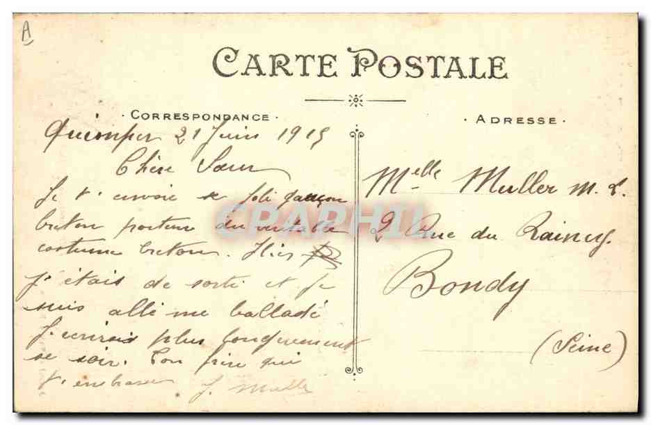 CPA Folklore Petit garcon de Quimper — Verso