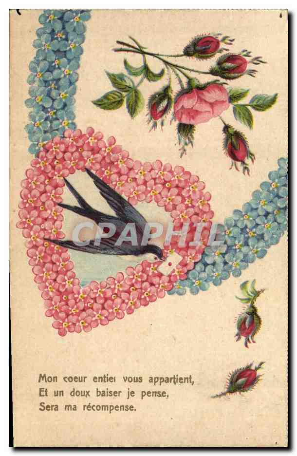 CPA Fantaisie Fleurs Coeur Hirondelle