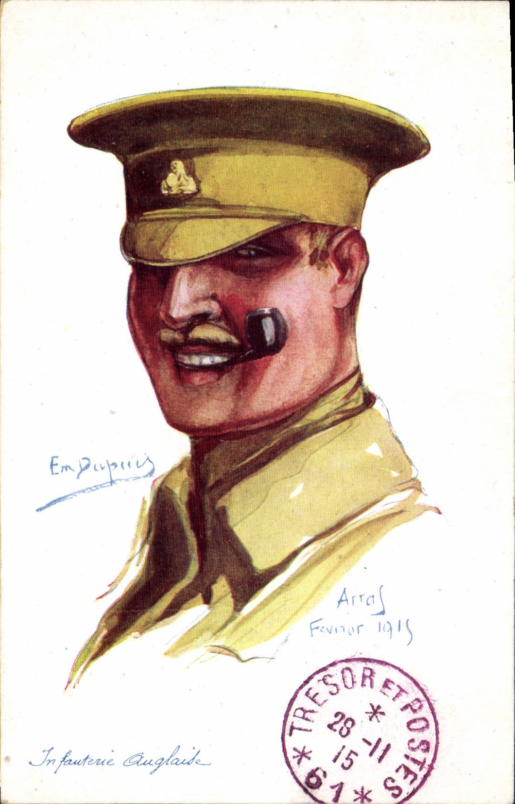 Fanteria inglese — Soldato in uniforme con pipa — disegno di Em Dupuicis, Arras, febbraio 1915