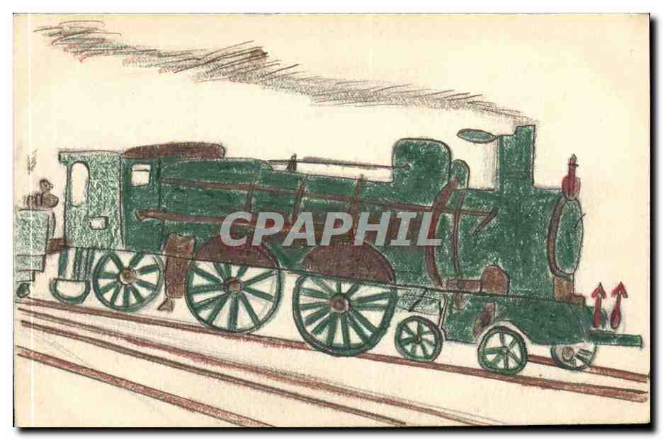 Train à vapeur — dessin à crayons — sans éditeur ni numéro visible
