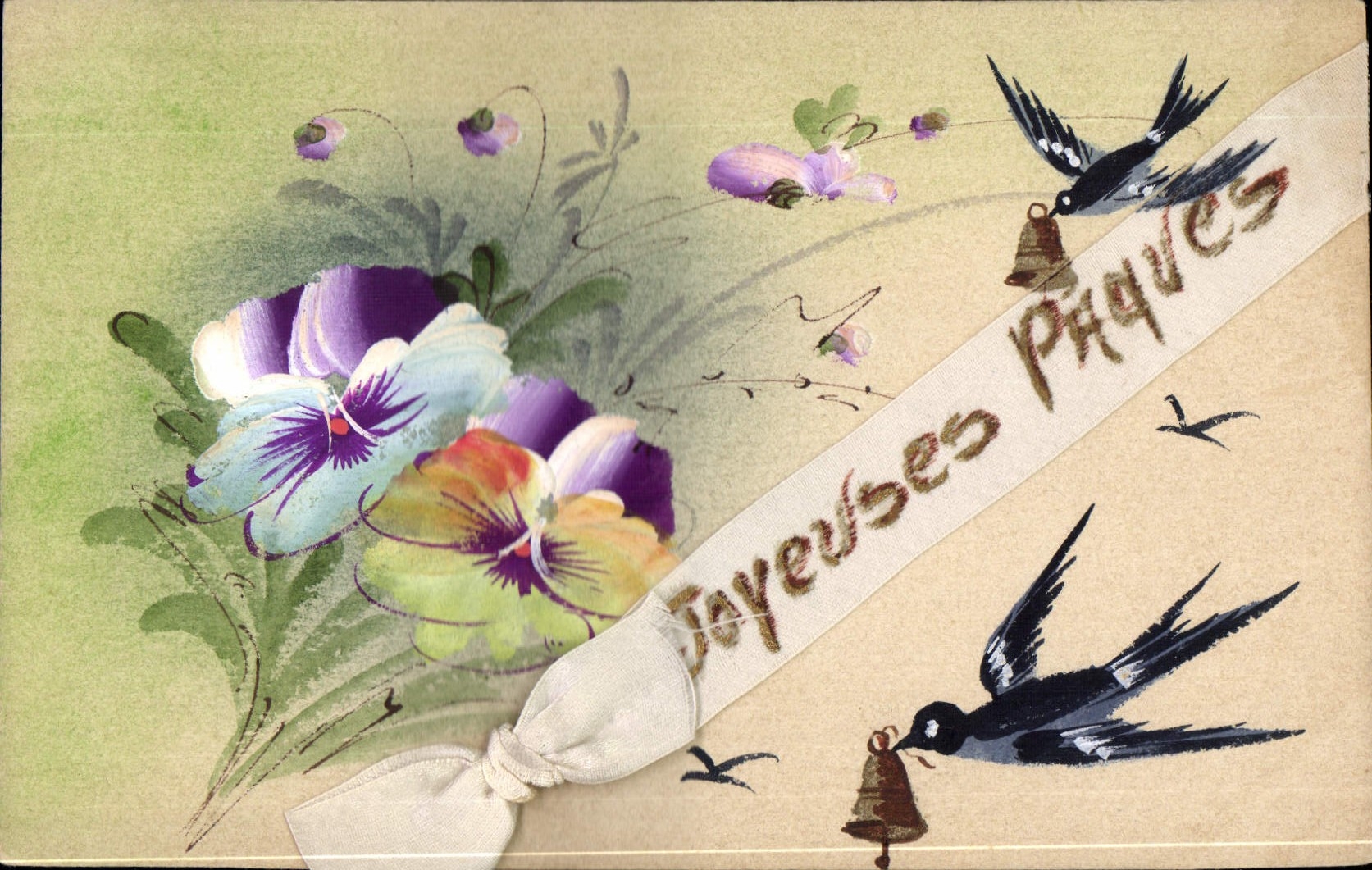 Fleurs et oiseaux — Joyeuses Pâques — Carte postale française