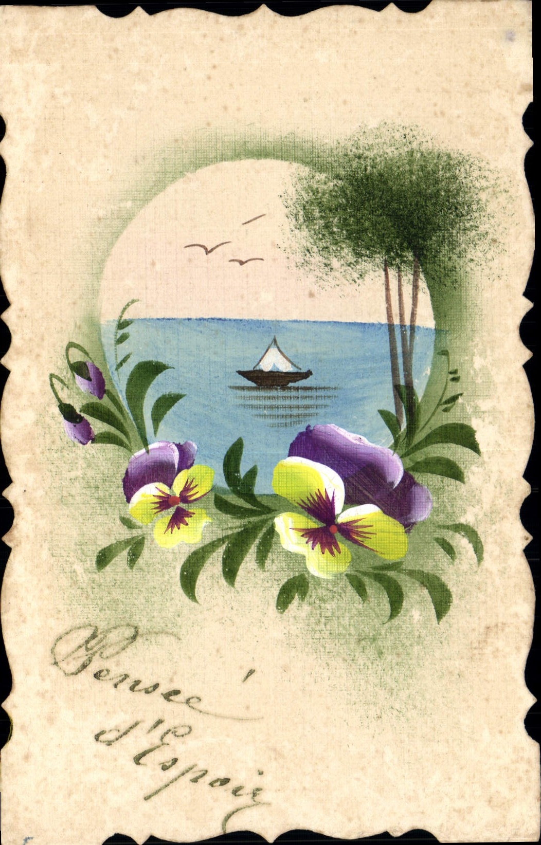 Pensée d'Espoir — illustration paysagère avec voile et pensées — CPAPHIL